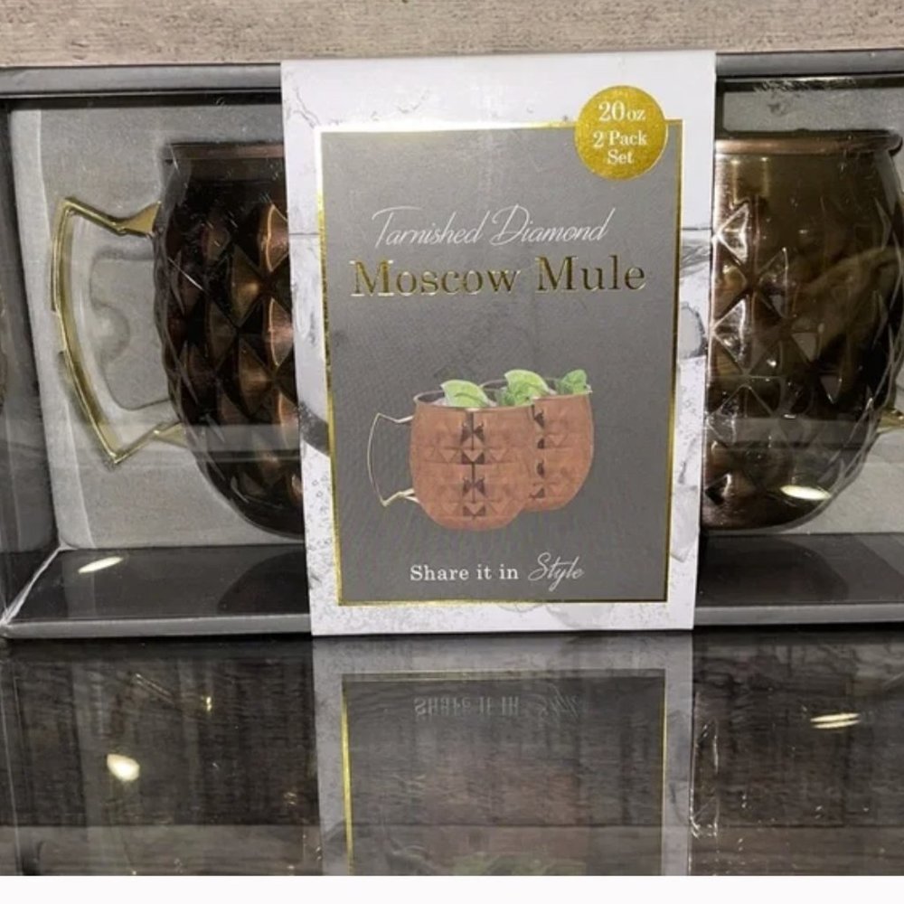 Tarnished Diamond Moscow Mule Cups Set of Two.  Each 20 Oz Gold Bronze Metal NEW